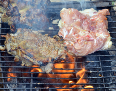 鸡肉,炊具,金属格栅,格子烤肉,水平画幅,莳萝,膳食,户外,烟,特写