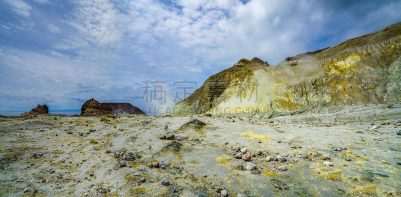 怀特岛,火山口,新西兰,烟,数字25,天空,水平画幅,无人,岩层,硫磺