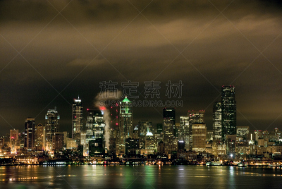 西雅图,夜晚,华盛顿州,阿拉斯加路高架桥,哥伦比亚中心,依利雅特湾,普吉特海湾,金恩县,水,天空