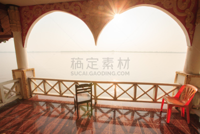 滨水,亭台楼阁,雨季,湄公河,在下面,日光,水,天空,美,水平画幅