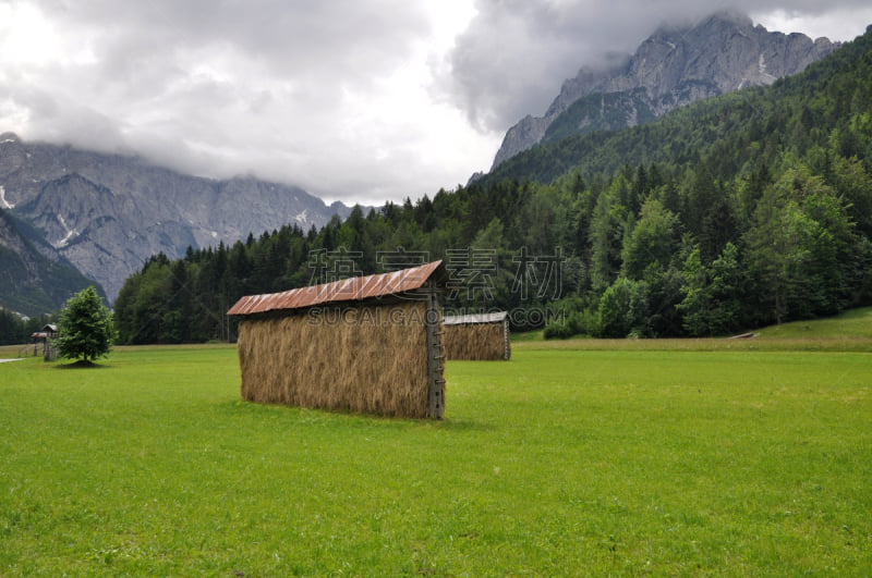 暴风雨,水平画幅,山,julian alps,谷仓,无人,夏天,户外,草,戈雷尼