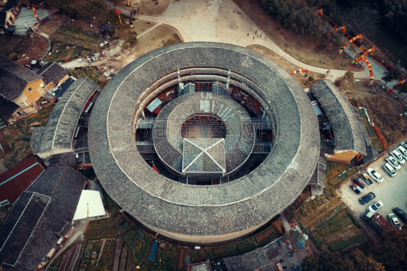 特写,航拍视角,福建土楼,都市风景,亚洲,传统,远古的,乡村,房屋,在上面