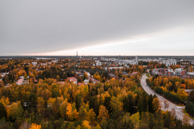 Wide urban view of Matinkylä in the autumn with color full trees and apartment houses, Espoo Finland