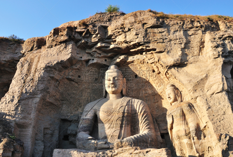 云冈石窟,洞穴,佛教,中国,洞室,水平画幅,雕刻物,巨大的,佛,2015年