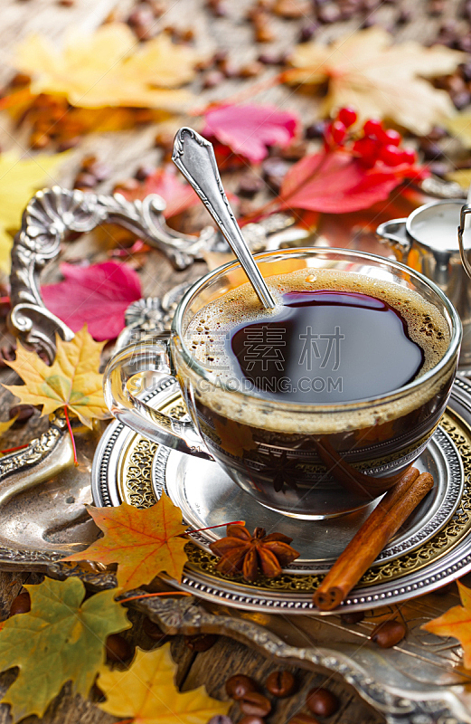 黑咖啡,垂直画幅,烤咖啡豆,早餐,秋天,无人,茶碟,饮料,咖啡,黑色