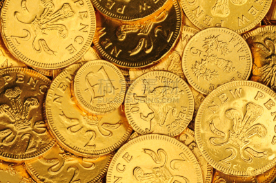 巧克力,巧克力金币,百宝箱,英镑符号,黄金,水平画幅,无人,铝箔,有包装的,糖果