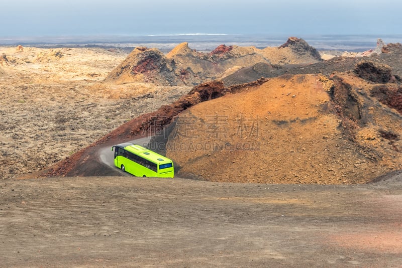 长途车,绿色,timanfaya national park,兰萨罗特岛,自然,国家公园,水平画幅,沙子,路,大西洋群岛