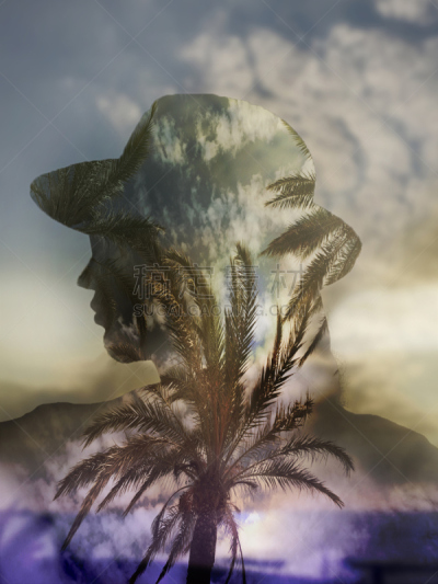 棕榈树,女人,海滩,垂直画幅,水,健康,旅行者,夏天,异国情调