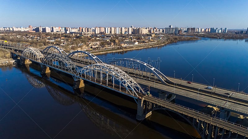 基辅,桥,第聂伯河,乌克兰,城市,航拍视角,水,天空,水平画幅,无人