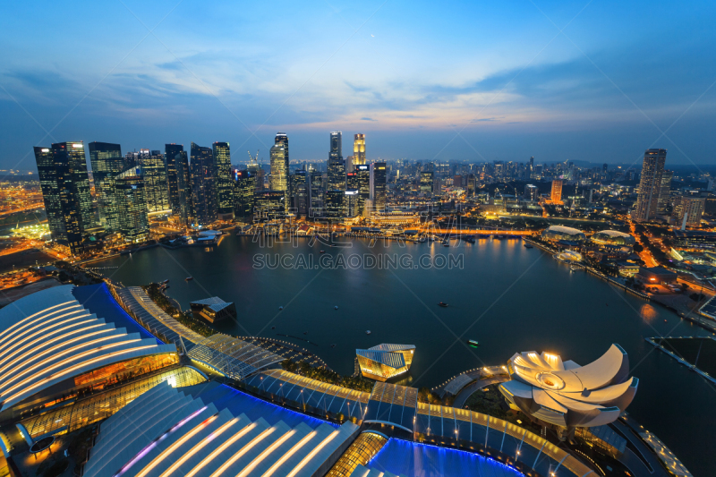 滨海湾 ,城市天际线,新加坡市,都市风景,新加坡,旅游目的地,水平画幅,建筑,夜晚,无人