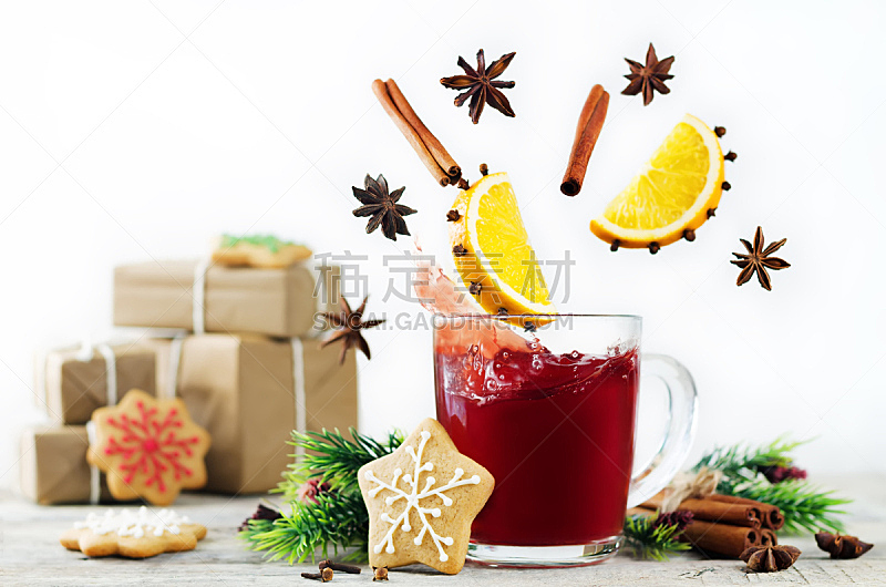 热甜红酒,成分,留白,饼干,水平画幅,无人,圣诞树,轻轻浮起,茴芹