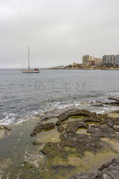 马耳他,海景,多云,有帆船,海湾,寂寞,圣马洛,桨叉架船,垂直画幅,水