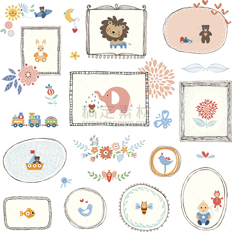 边框,化学元素周期表,小山羊,动物手,绘画插图,贺卡,小兔子,鸟类,古典式,男婴