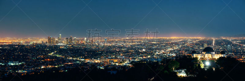 夜晚,洛杉矶,格里菲思公园天文台,美国,水平画幅,建筑,无人,全景,城市天际线,户外
