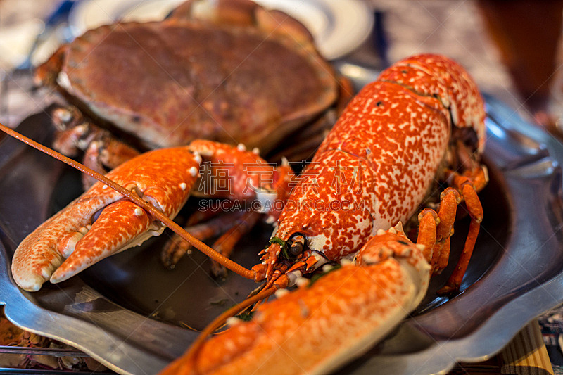 螃蟹,龙虾,自然,煮食,水平画幅,蓝色,膳食,海产,熟食店,海洋