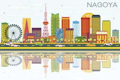 名古屋,天空,城市天际线,建筑外部,蓝色,彩色图片,爱知县,出租车,商务,反射