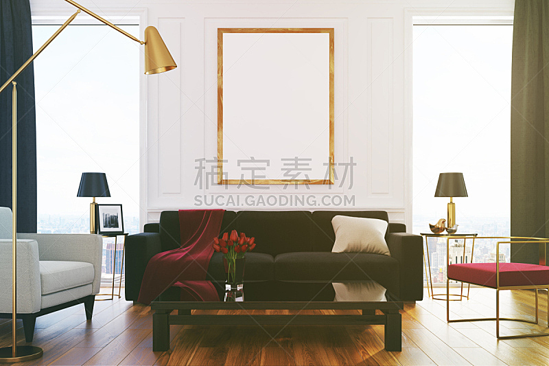 White living room, sofa, poster toned