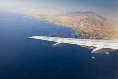 雅典,空中客车a320,天空,岩石海岸线,水平画幅,无人,户外,航拍视角,海洋,希腊