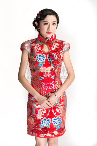 新娘,唐装,旗袍,垂直画幅,黑发,白色背景,青年女人,婚纱,青年人,正装