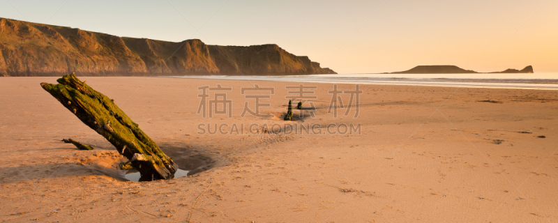 虫头,罗希力湾,水平画幅,无人,全景,威尔士,户外,日落