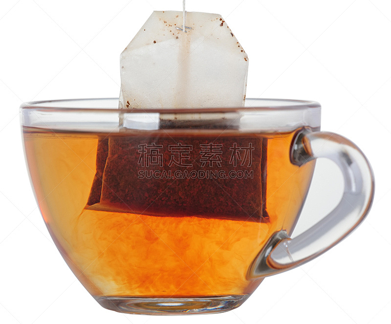 茶杯,茶包,水平画幅,橙色,无人,玻璃,玻璃杯,白色背景,背景分离,饮料