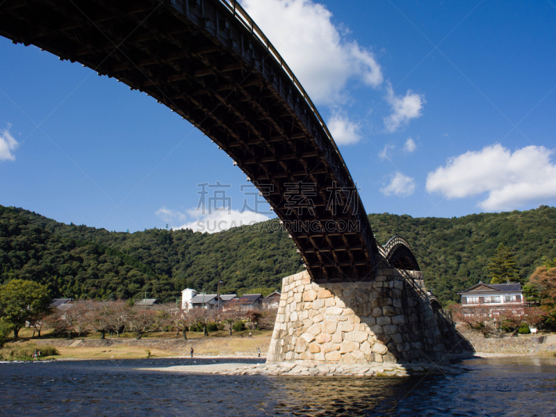 广岛县,日本,岩国,桥,水,公园,水平画幅,透过窗户往外看,夜晚,曙暮光