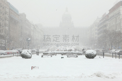 温塞斯拉斯广场,布拉格,捷克,在上面,拥挤的,纪念碑,水平画幅,19世纪风格,雪,无人