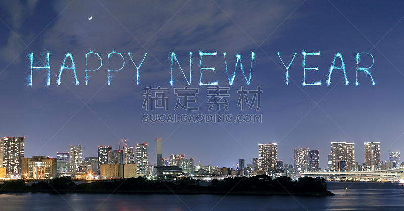 都市风景,放焰火,新年前夕,东京,在上面,天空,水平画幅,夜晚,无人