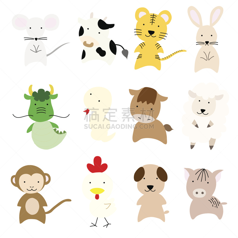 无人,绘画插图,羊年,符号,猴子,虎,龙,公猪,兔类动物,牛