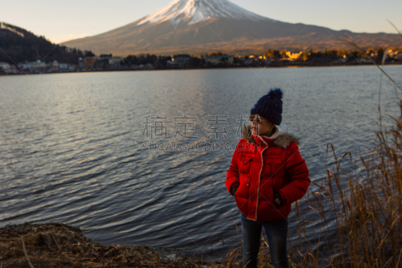 富士山,山,泰国,黄昏,女人,湖,河流,户外,天空,富士河口湖