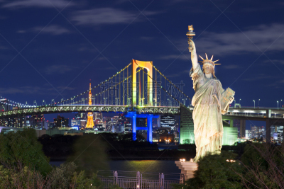 台场,东京,自由女神复制像,statue of liberty replic,东京彩虹桥,东京塔,纪念碑,水平画幅,夜晚,无人