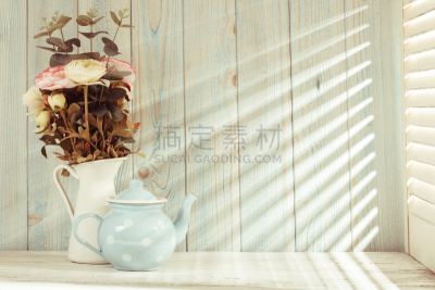 早晨,静物,水平画幅,无人,百叶窗,乡村风格,饮料,特写,凌乱,花束