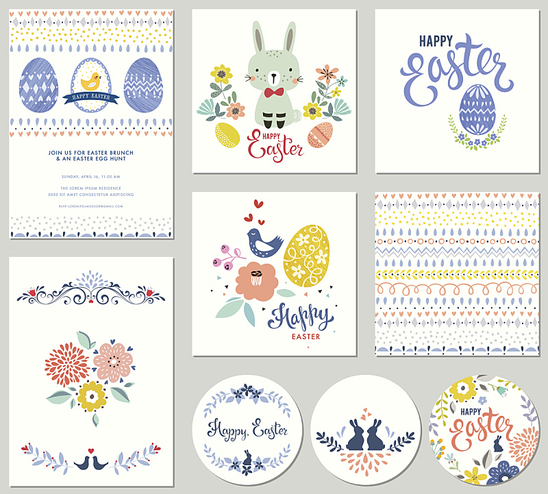 复活节,二进制码,小兔子,领结,扁平化设计,小鸡,兔子,花卉花环,野花,野生植物