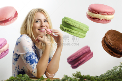 蛋白杏仁饼,女人,可爱的,美,水平画幅,巨大的,蛋糕,白人,甜点心,开心果