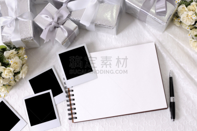 礼物,婚礼,一次成像照相机,即时成像,螺旋记事本,留白,水平画幅,银色,消息,无人