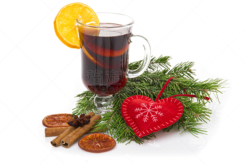 圣诞树,肉桂,玻璃杯,热甜红酒,褐色,水平画幅,雪,无人,茴芹