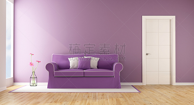 紫色,起居室,水平画幅,墙,无人,家具,现代,沙发,白色,三维图形
