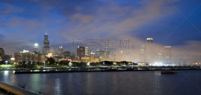 城市天际线,芝加哥市,烟,湖尖塔,梦露港,aon center,芝加哥格兰特公园,威利斯大厦,芝加哥鲁普商业区,密歇根湖