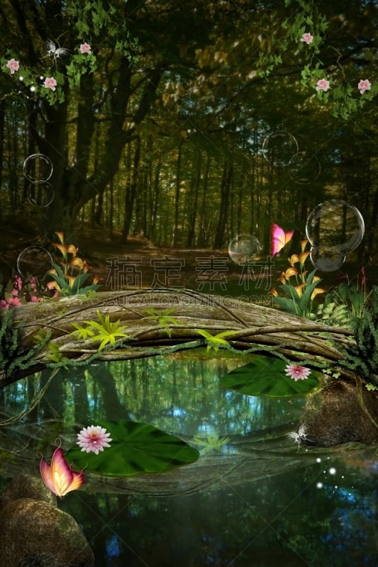 Secret pond with water lilies in the dark forest – 3D render