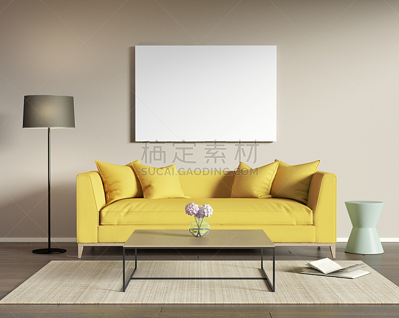 起居室,现代,沙发,黄色,画布,软垫,艺术,水平画幅,无人,玫瑰