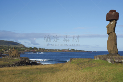 复活节岛 ,海岸线,ahu vaihu,纪念碑,天空,复活节,水平画幅,古老的,石材,草