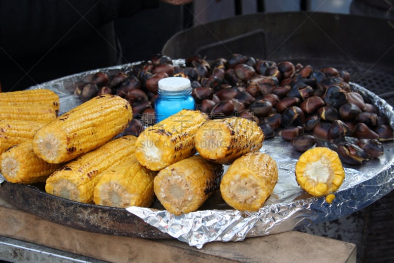 栗子,玉米,炒栗子,老玉米,马德里,街头食品,格子烤肉,褐色,水平画幅,组物体