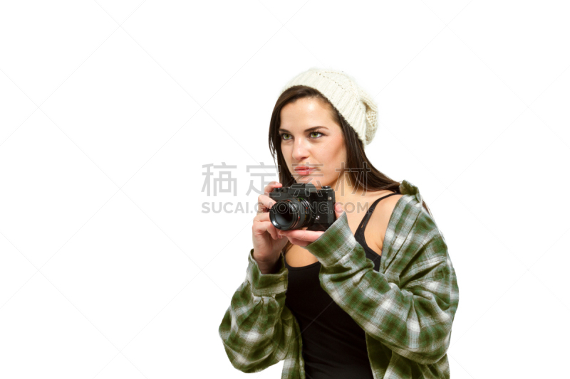 棕色头发,相机,拿着,青年女人,图片资料馆,绿色眼睛,美,女人,拍摄场景,水平画幅