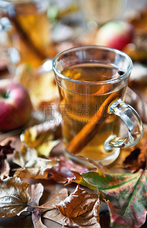 热苹果酒,垂直画幅,饮食,苹果,秋天,无人,热饮,香料,叶子,季节