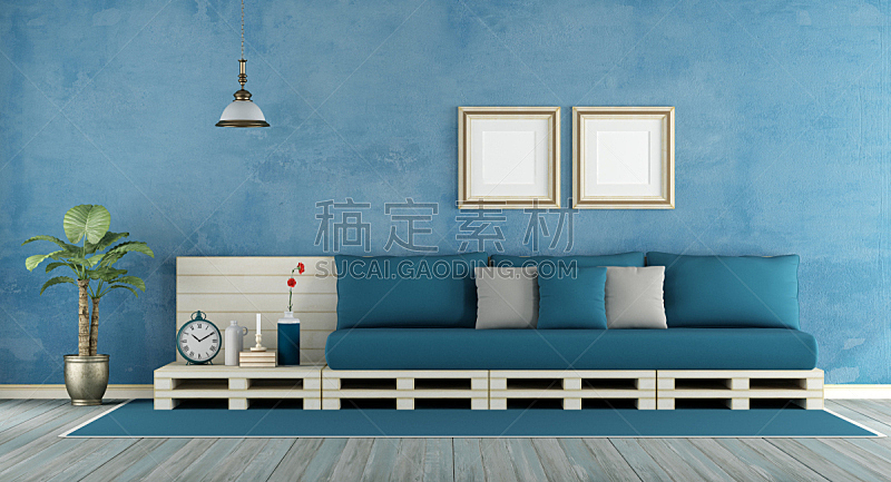 蓝色,起居室,货盘,白灰泥,镶花地板,沙发,边框,水平画幅,墙,无人