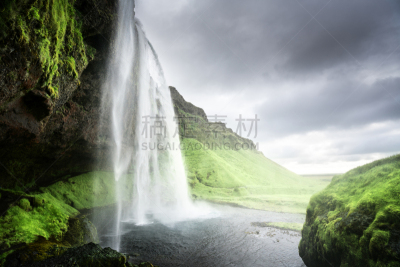 夏天,冰岛国,瀑布,seljalandsfoss waterfall,水,天空,能源,石材,草,高处