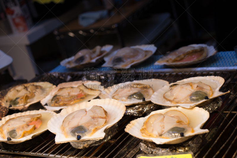 牡蛎,火,北海道,格子烤肉,水平画幅,蛤,日本,甲壳动物,海产,烤肉架
