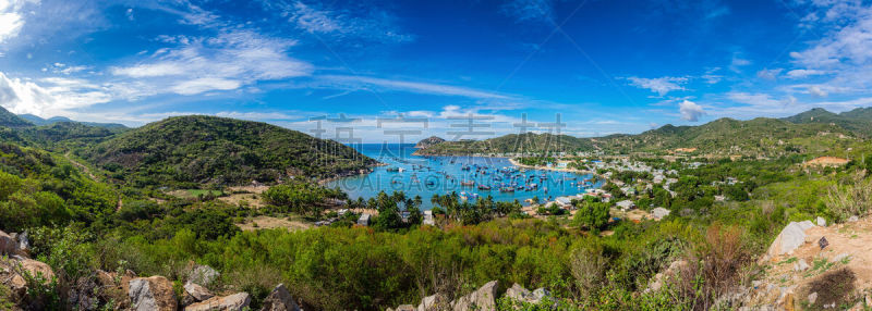 越南,海湾,宁顺,平顺省,水湾,天空,水平画幅,山,无人,蓝色