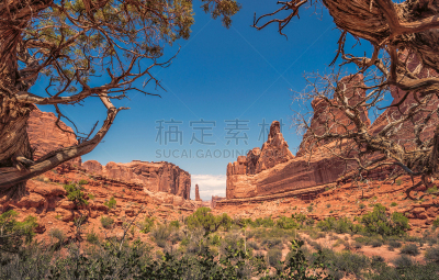 犹他,courthouse towers,山谷,看风景,云,橙色,沙岩,植物,岩石,夏天
