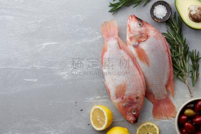 生食,鱼类,罗非鱼,红色,留白,水平画幅,高视角,油橄榄树,海产,东亚